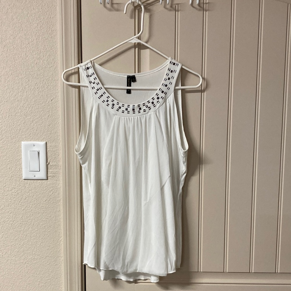 Susan Lawrence Sleeveless Embellished Neckline Blouse Top Sheer Panel Front Sz L